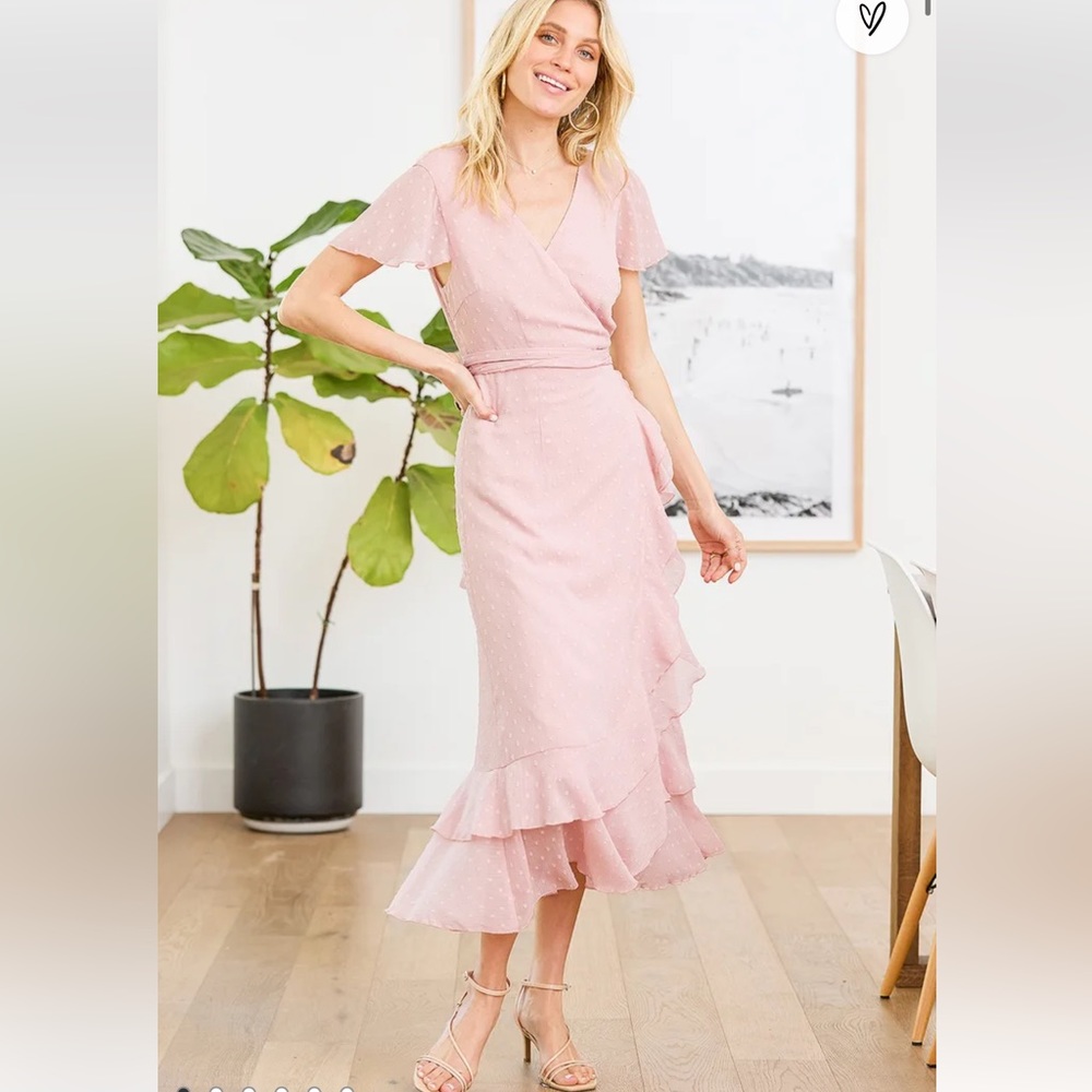 Lulu’s — Wrapped Up In Your Love Blush Dotted Ruffled Wrap Midi Dress